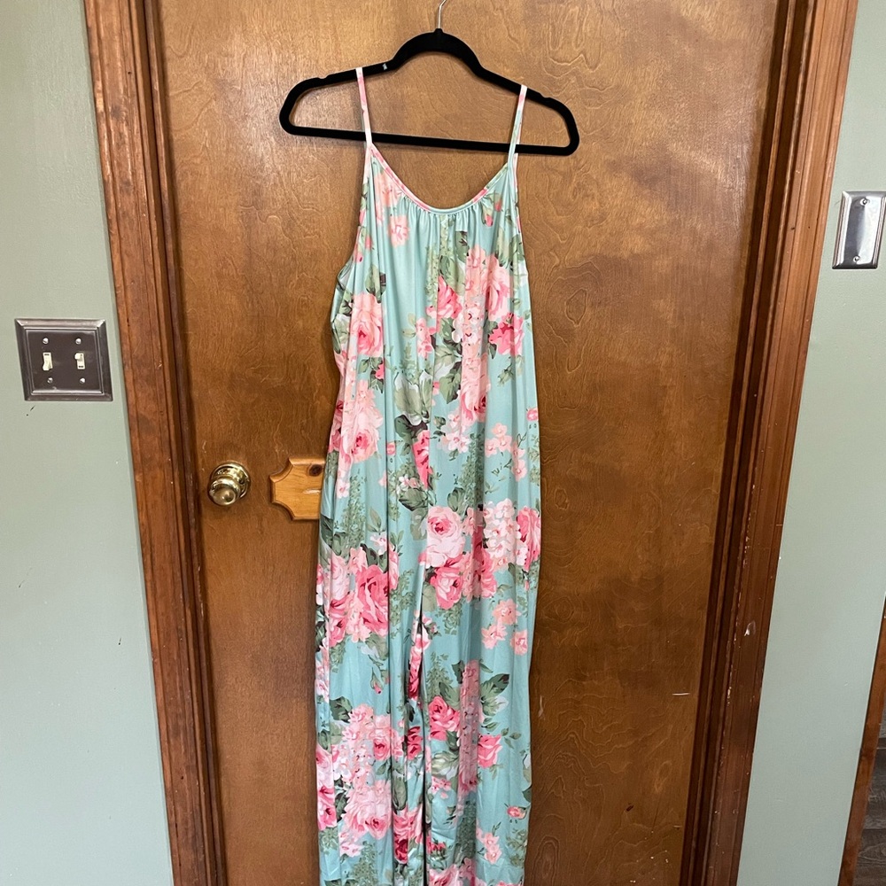 Floral Mint jumpsuit with Pink Roses